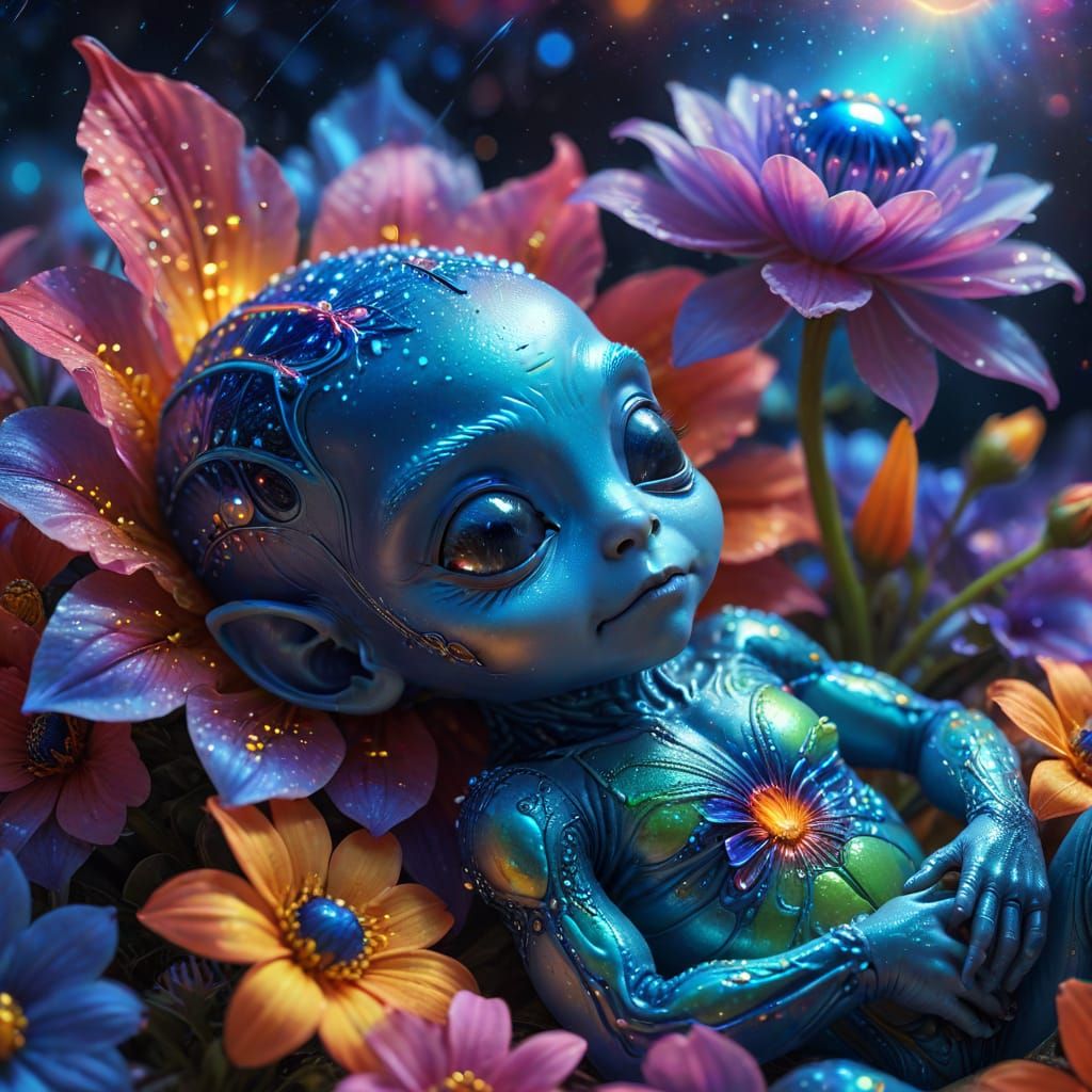 Sleeping Alien Baby in Shimmering Flower, Digital Art