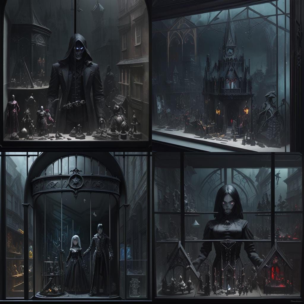 Futuristic Gothic Toy Shop Window in Dark Landscape