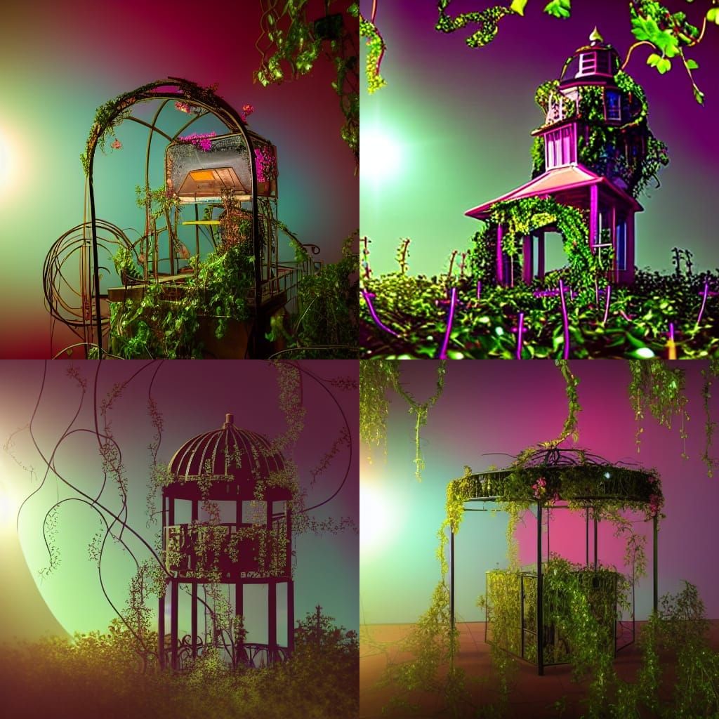Dystopian Gazebo with Mechanical Flowers at Dawn