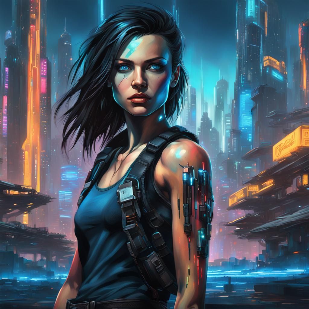 Android in Cyberpunk Cityscape: Neon Oil Painting
