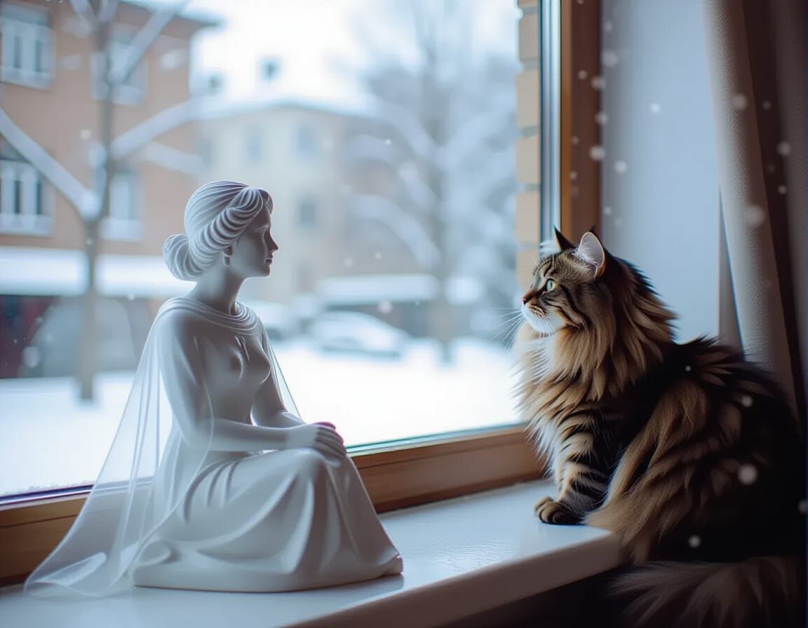 Winter City View Through Window With Woman Statuette and Cat