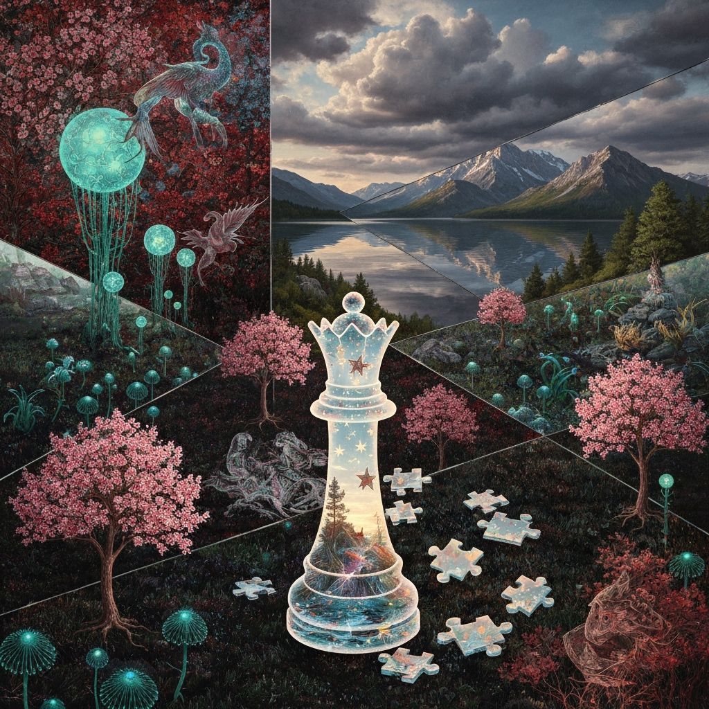 Surreal Mirror Labyrinth with Bioluminescent Nature and Ches...