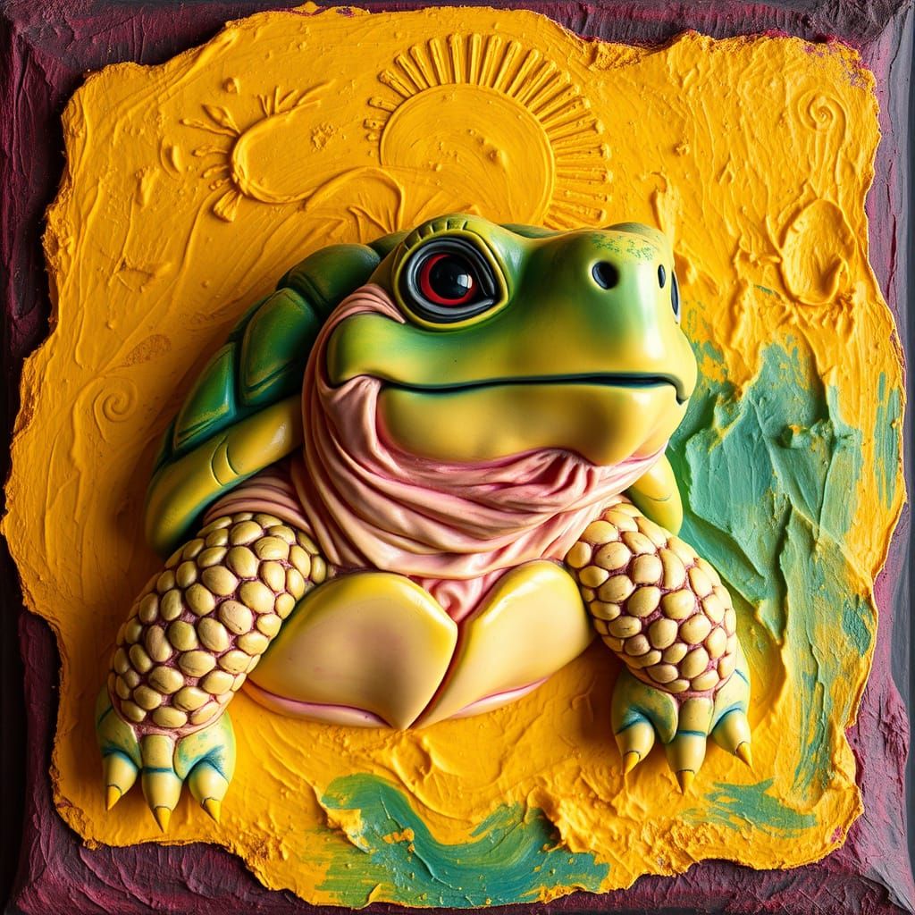 Expressive Tortoise Sculpture in Vibrant, Embossed Relief