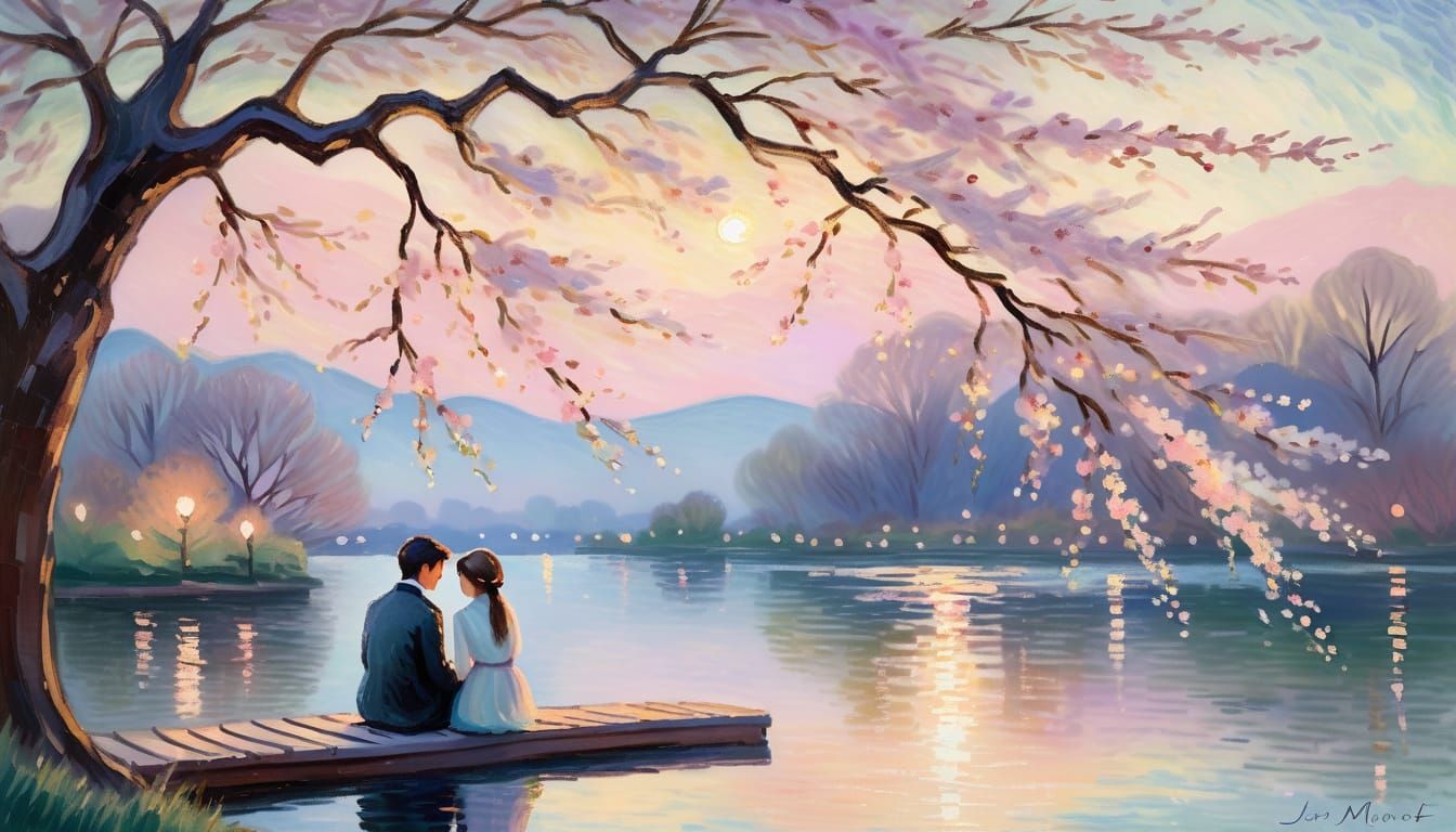 Lovers by Lake Under Moonlight in Impressionistic Style