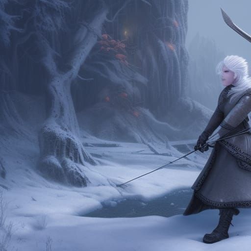 Icy Fantasy: Woman Dodging Arrow in Snowy Scene