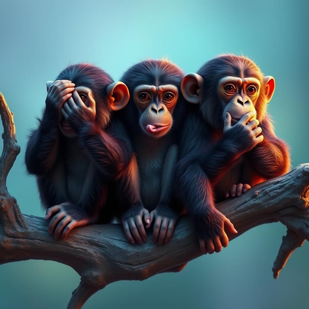 Pastel Chimpanzees on Branch in Dreamlike Concept Art