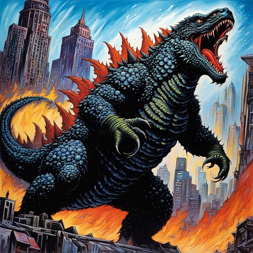 Godzilla Monster in Desolate City Oil Painting