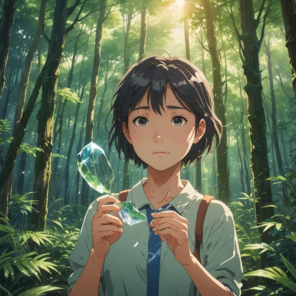 Anime Girl with Broken Heart in Lush Forest