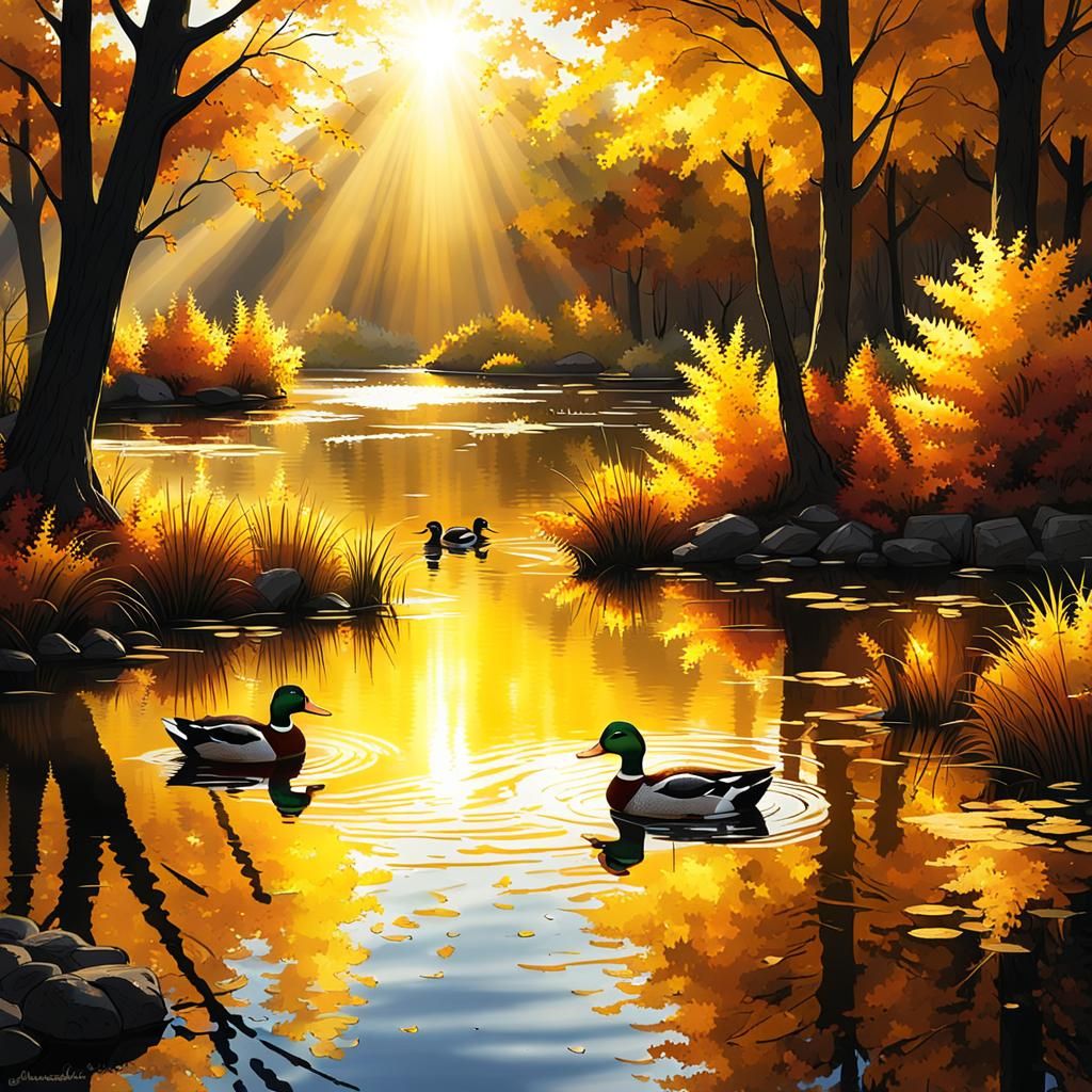 Ducks on Golden Pond in Autumn Sunlight