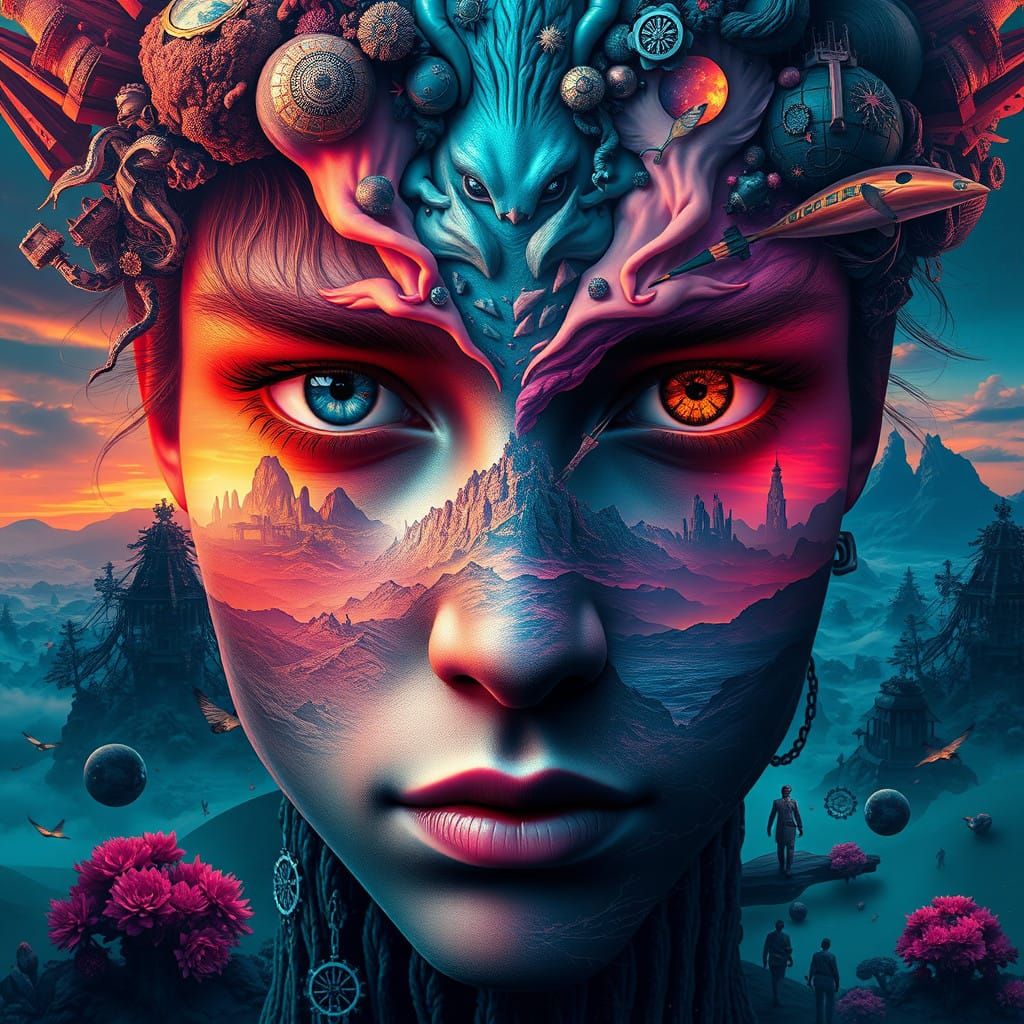 Vibrant Dreamscape Portrait Collage in Unreal Engine 5 Style