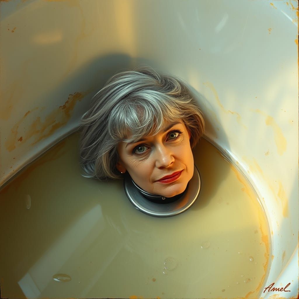 Surreal Woman Emerges from Vintage Plughole in Warm Golden L...