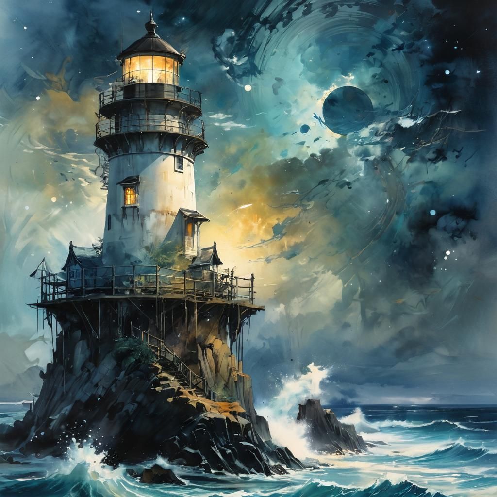 Ocean Storm Lighthouse Watercolor Painting