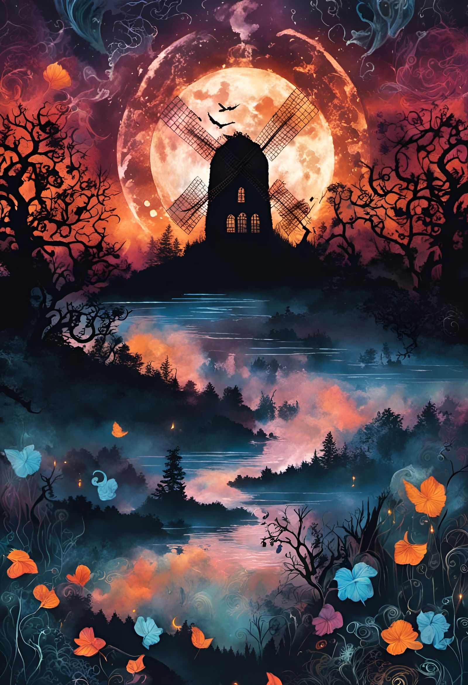 Spooky Windmill in Haunted Forest, Batik Style