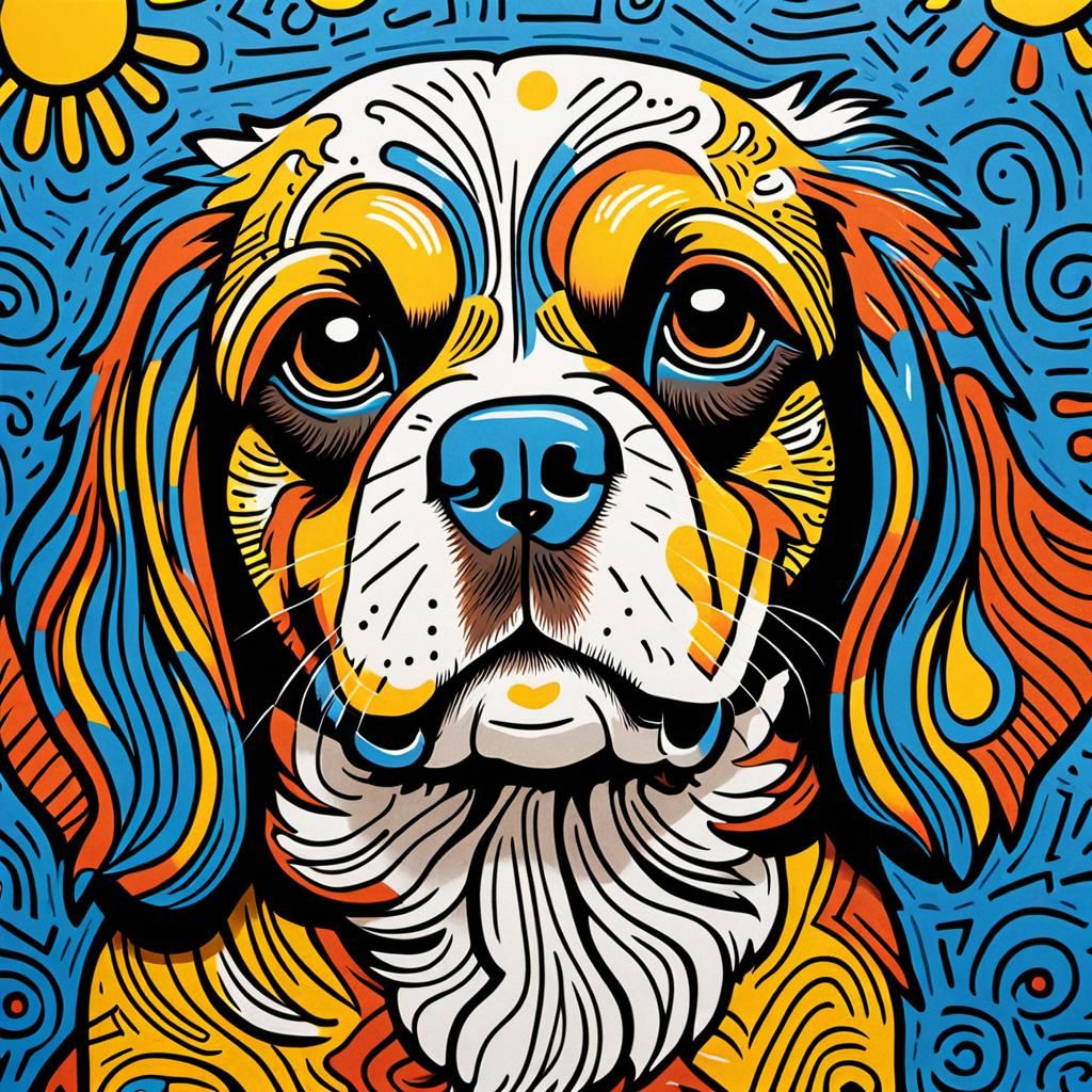 Playful King Charles Spaniel in Keith Haring Style