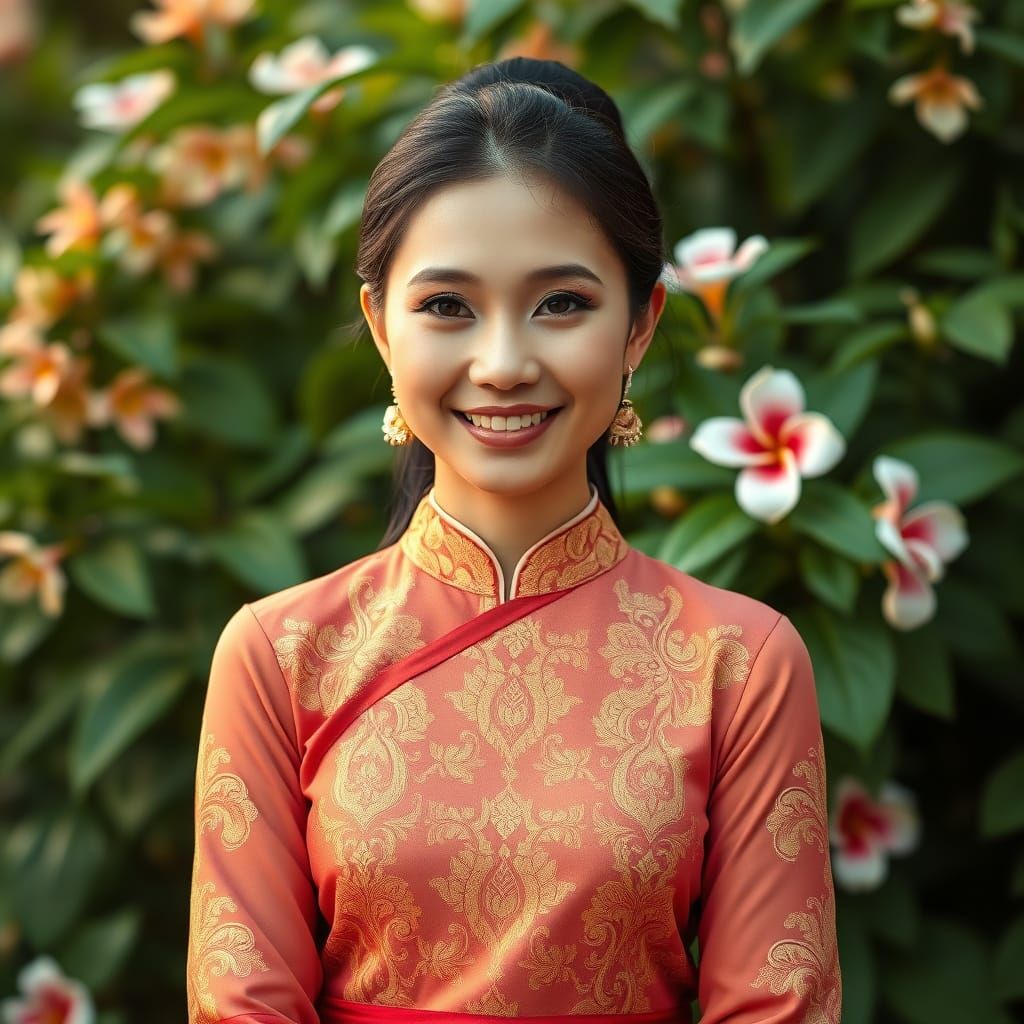 Warm Thai Woman in Traditional Sabai Sabai Dress with Floral...