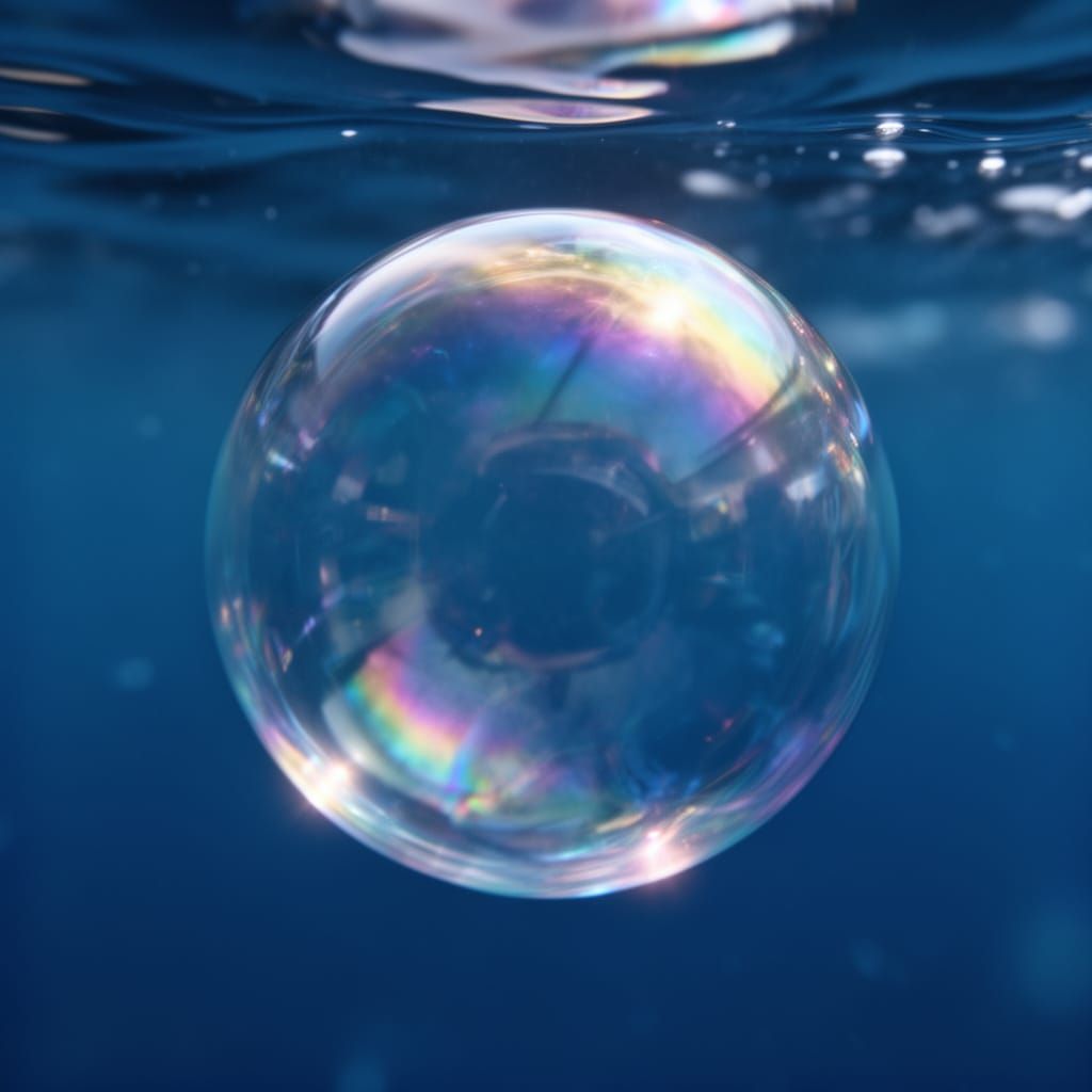 Iridescent Bubble in Deep Blue Water, Hyperrealistic
