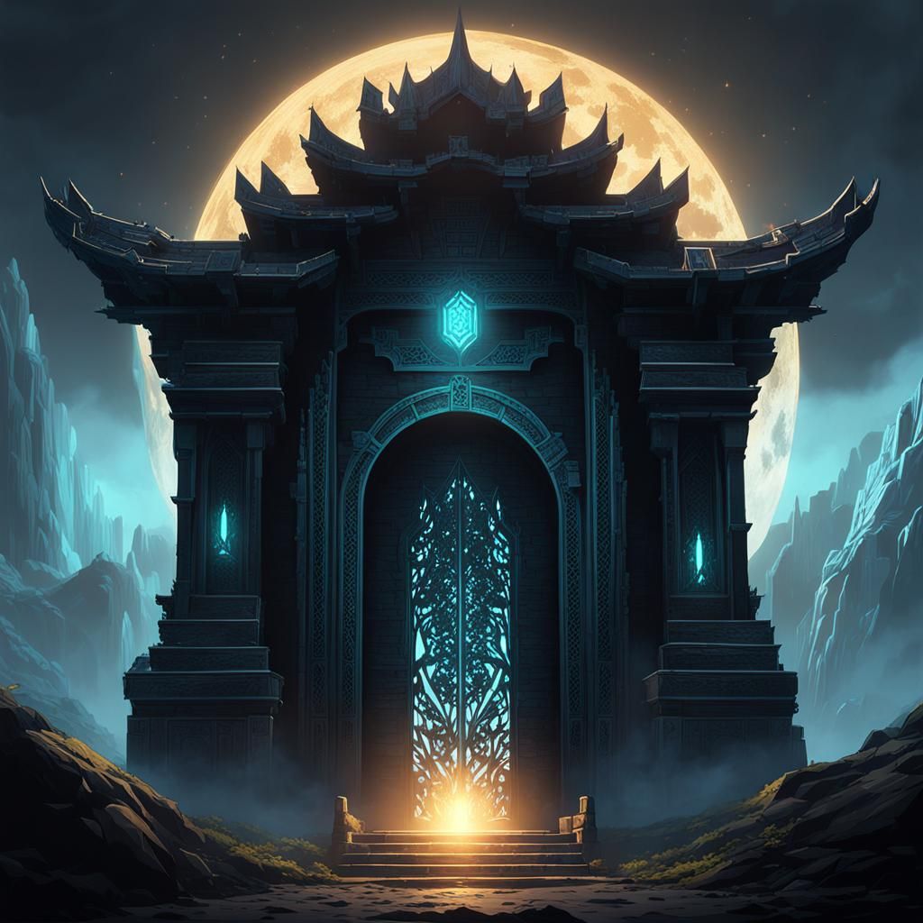Mysterious Glowing Dungeon Gate with Runes
