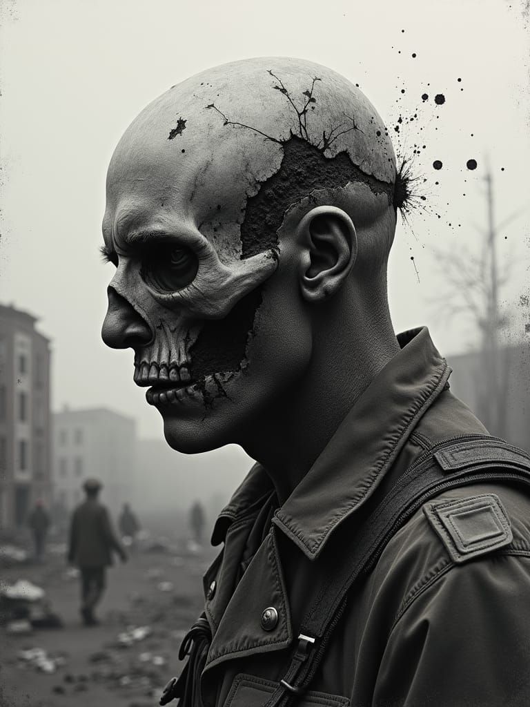 Wounded Soldier in Death Mask, Gritty Expressionist Art