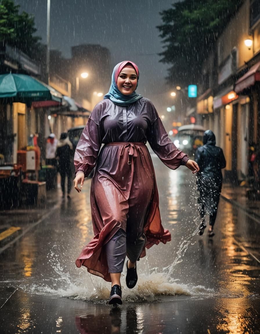 Woman in Hijab Running in the Rain at Night