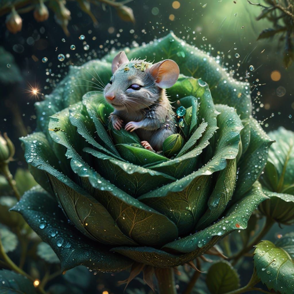 Tiny Mouse Sleeps in Giant Rose Bud with Fairies