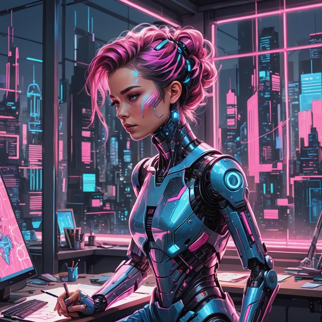 Robot Girl in Futuristic Studio, Anime Style