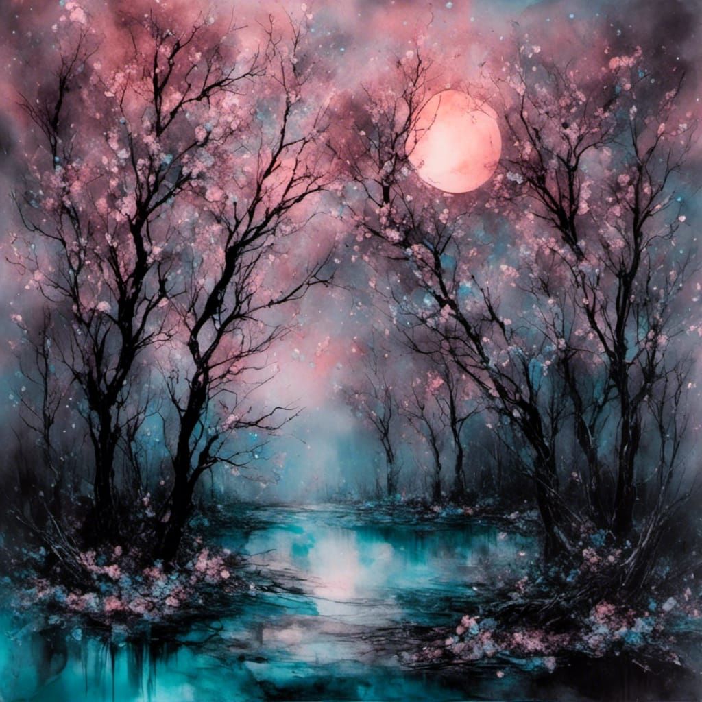 Harvest Moon Among Stark Trees at Night