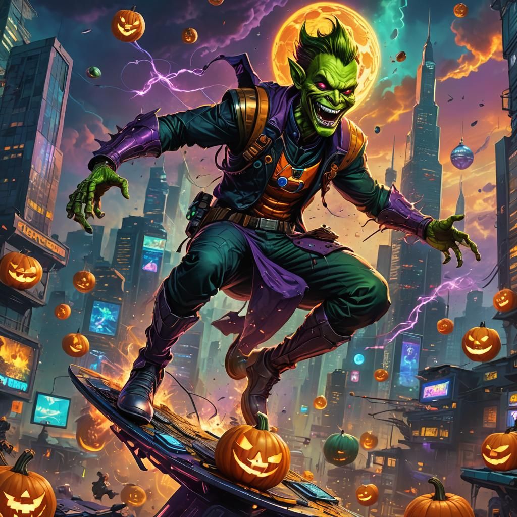 Green Goblin in Cyberpunk Cityscape Art