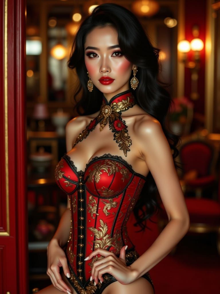 Chinese Pin-Up Model in Ornate Corset