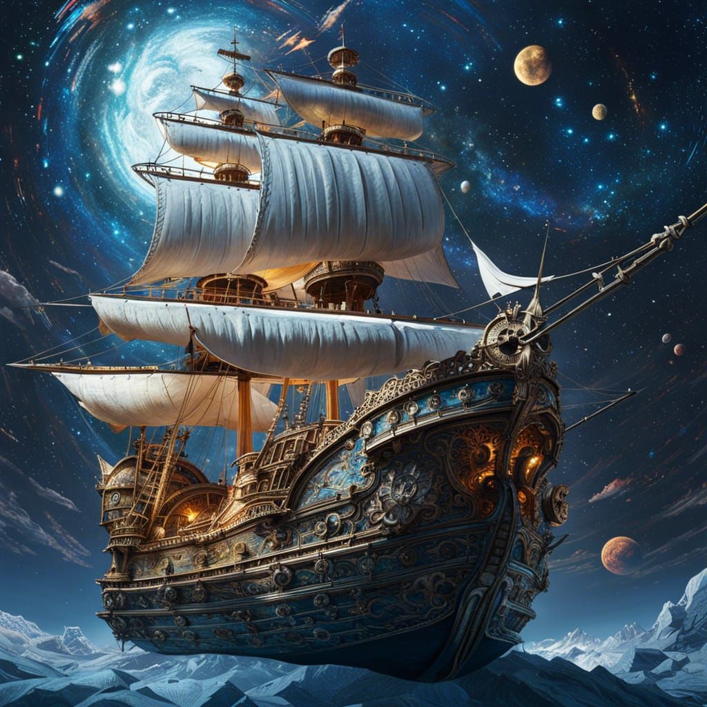 Rococo Gothic Pirate Ship in Cosmic Galaxy