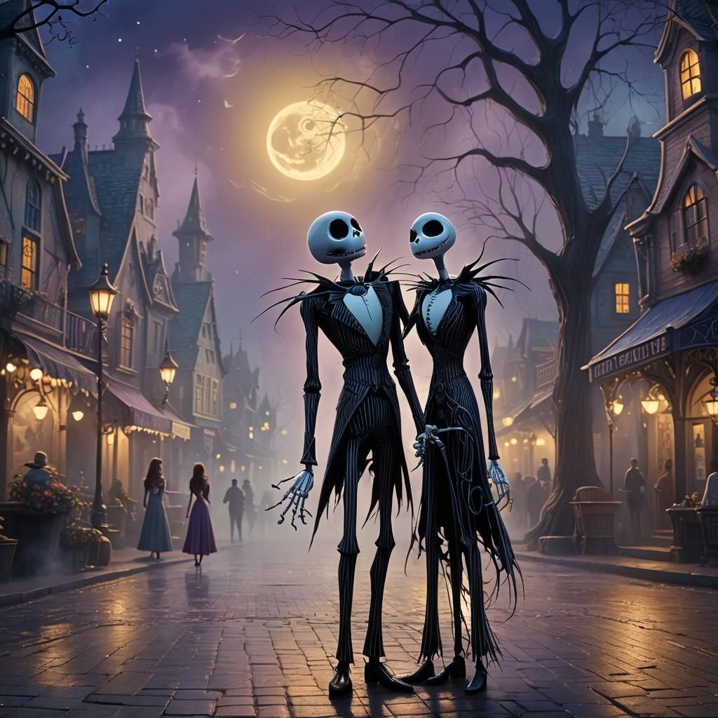 Jack and Sally in Moonlit Square, Digital Art