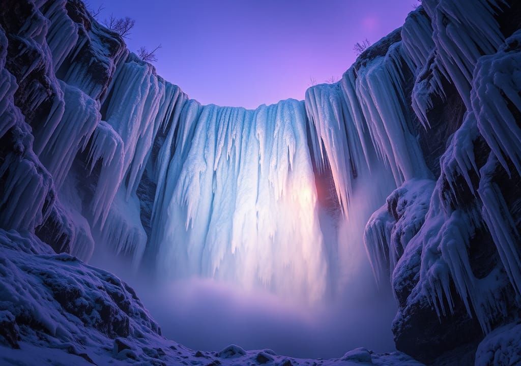 Violet Evening Light on Frozen Waterfall