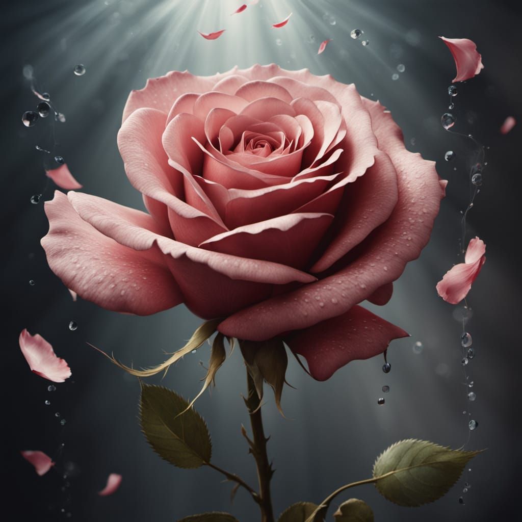 Surreal Rose Scattering Petals in Dramatic Oil Painting