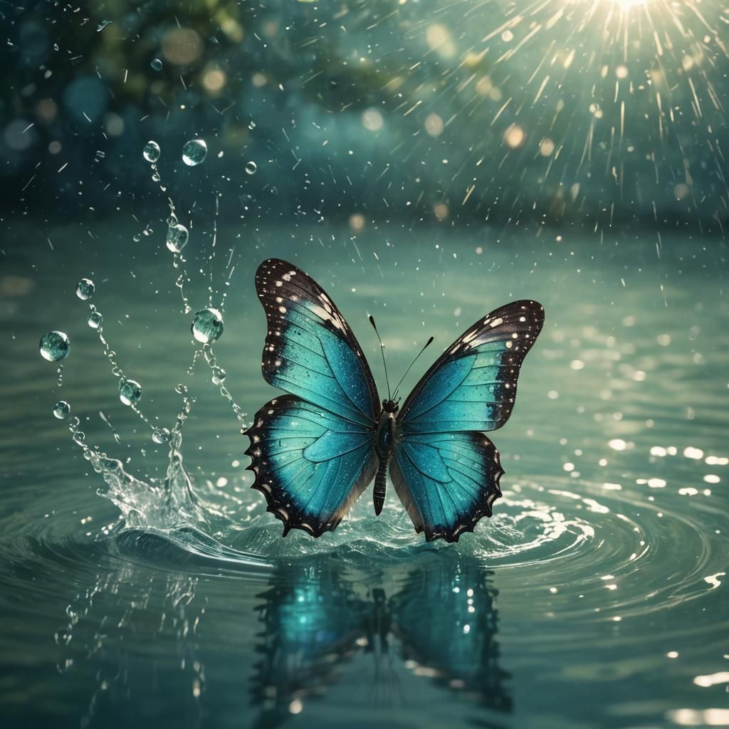 Iridescent Butterfly on Water: Hyper-Realistic Splash Art
