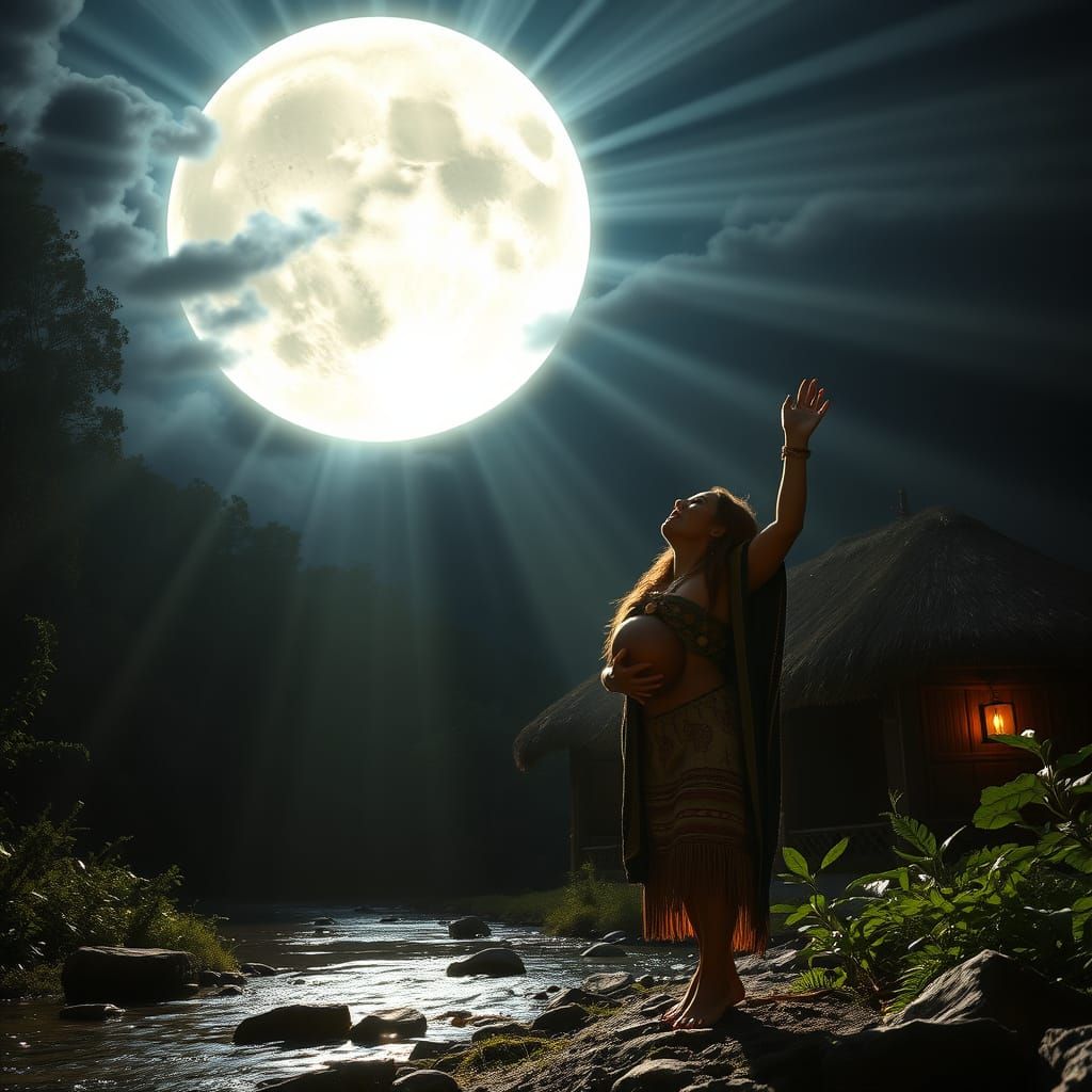 Māori Woman Curses the Moon in Dramatic Light