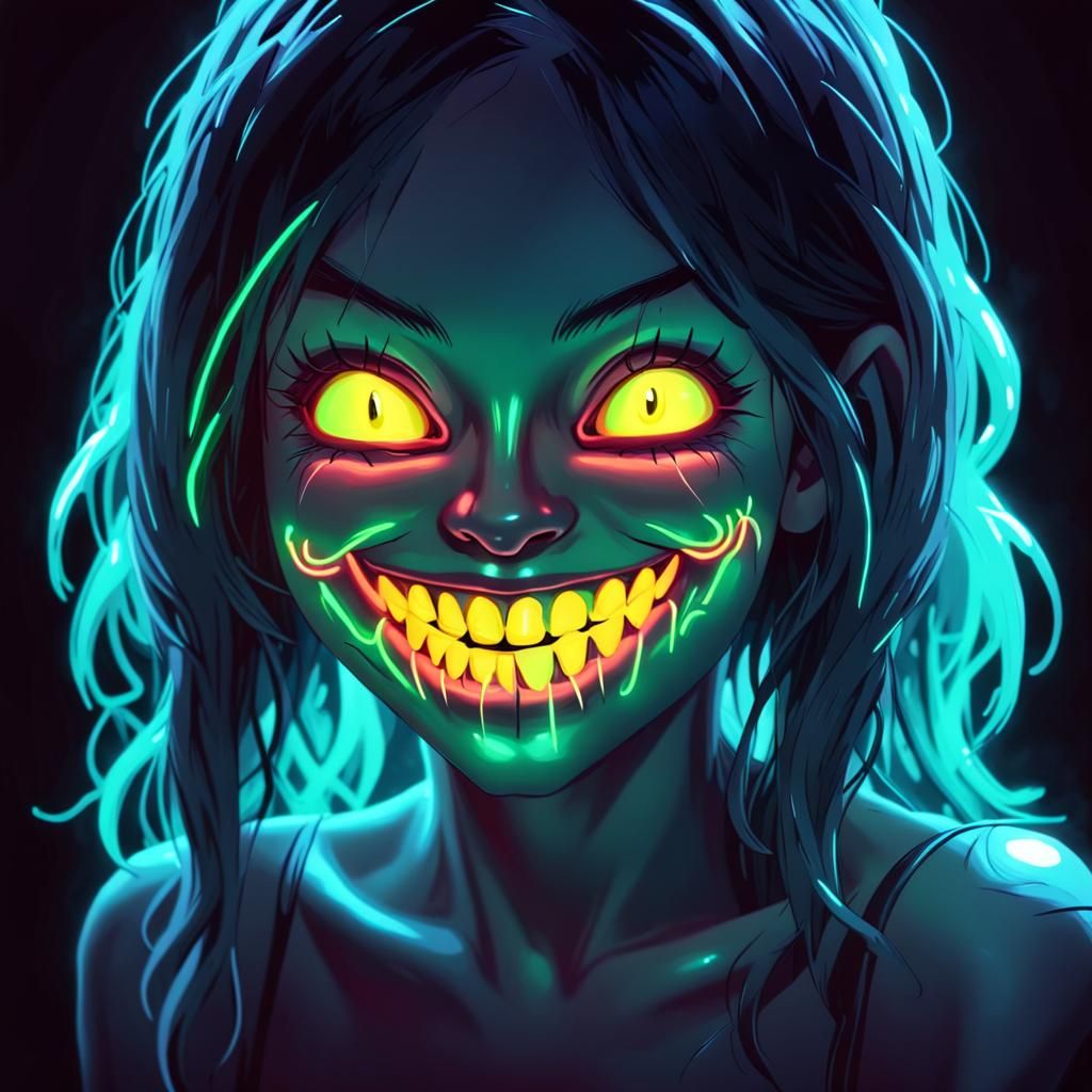 Glowing Neon Horror face of a creepy smiling beautifull female