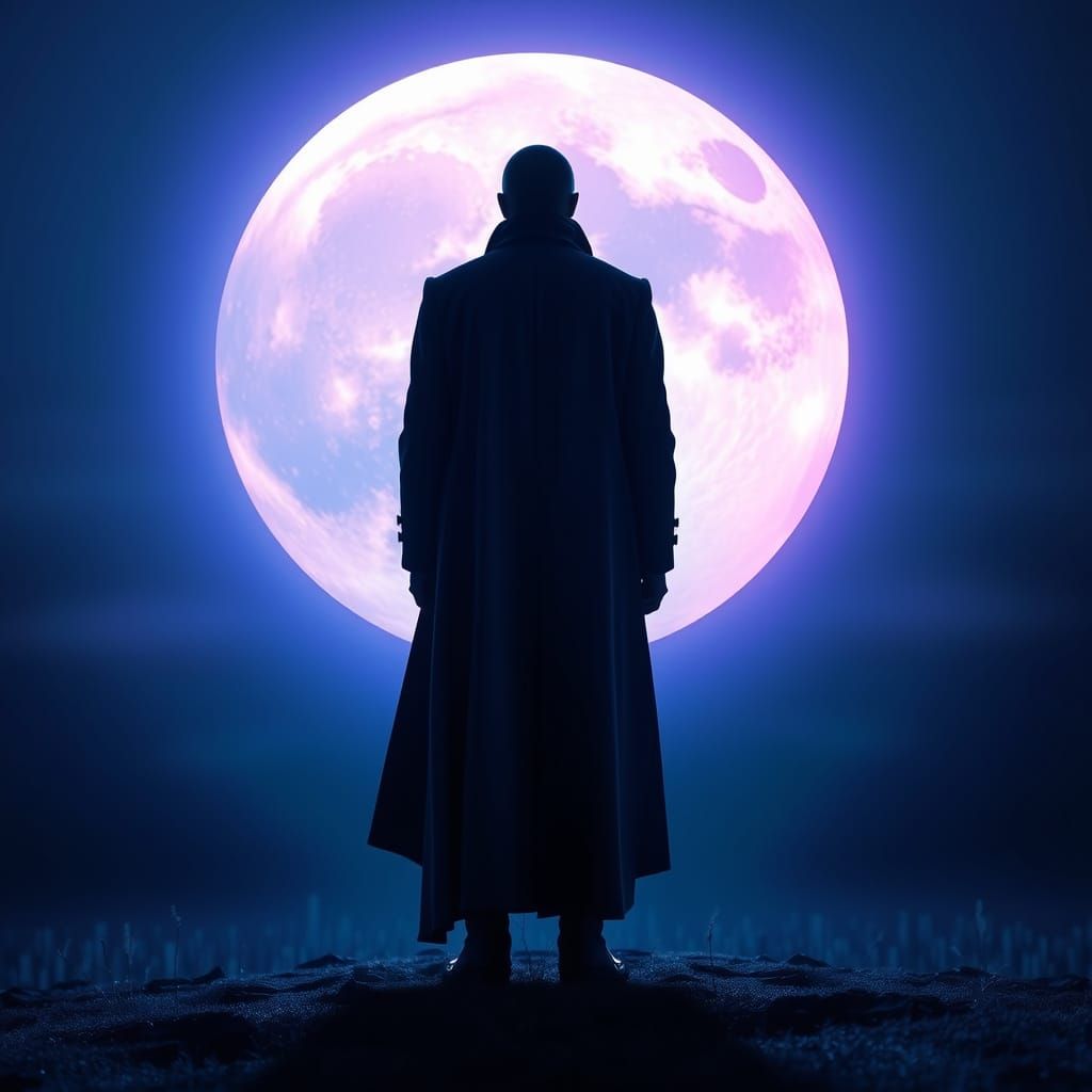 Ethereal Moonlit Figure in Flowing Coat