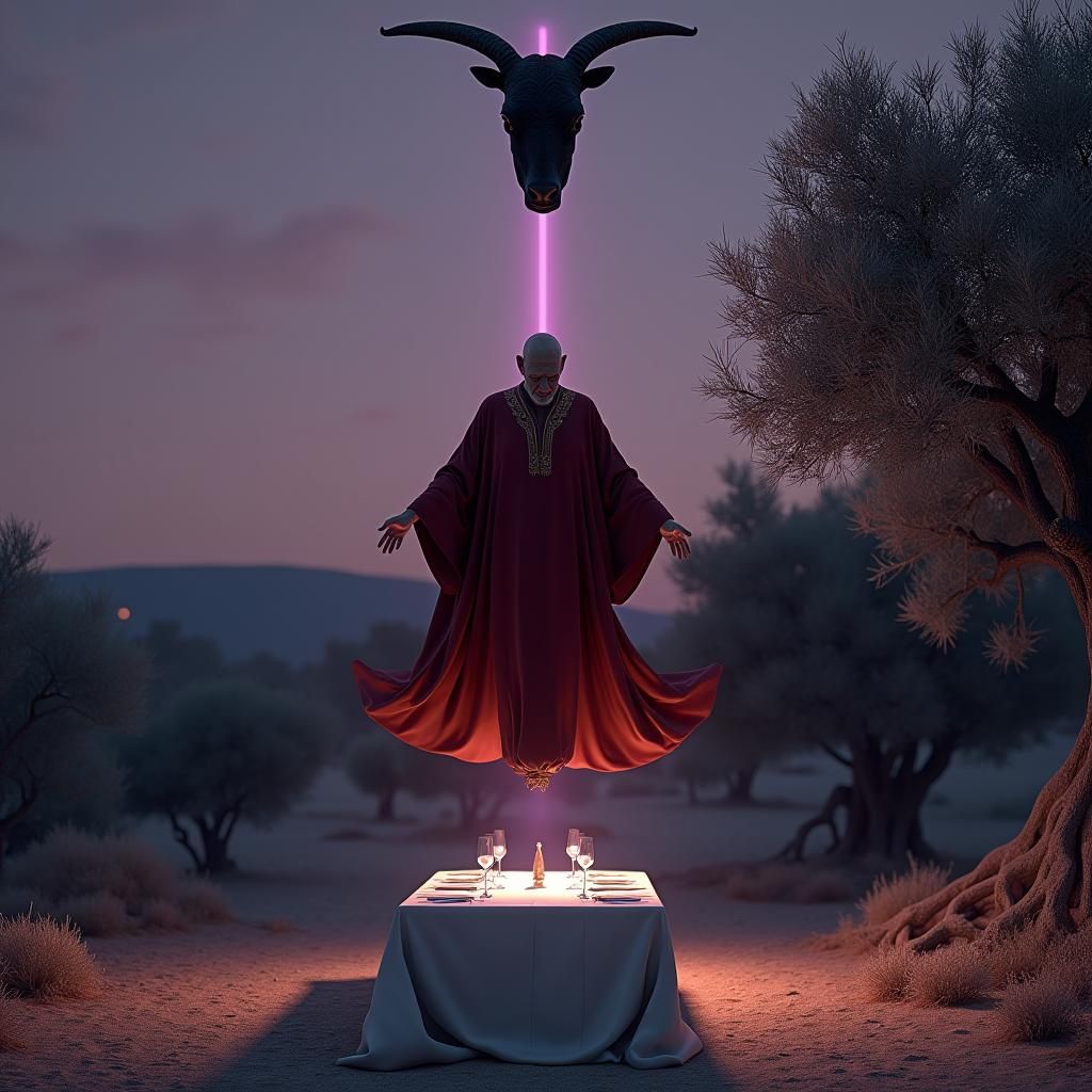 Mystical Levitation: Crimson Robe in Mediterranean Dusk