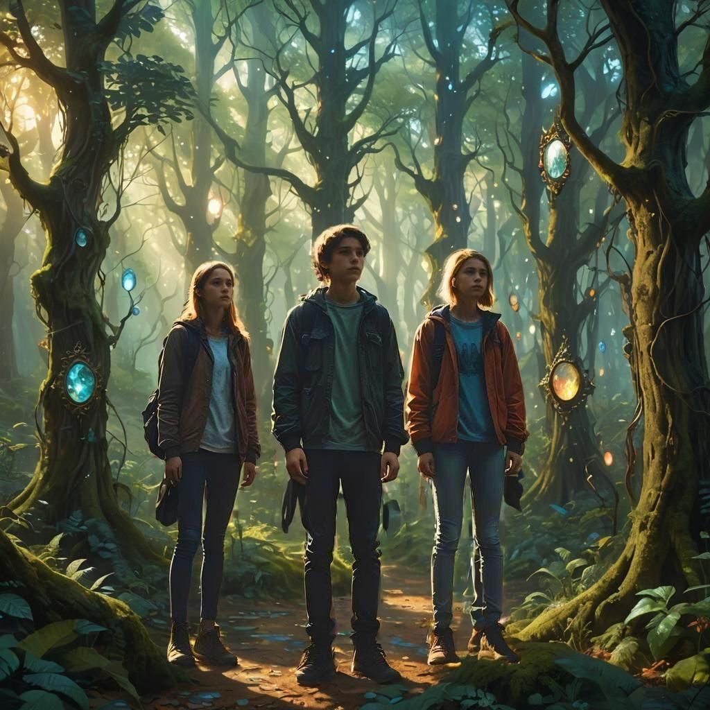 Hyperrealistic Portrait of Teenage Trio in Magical Setting