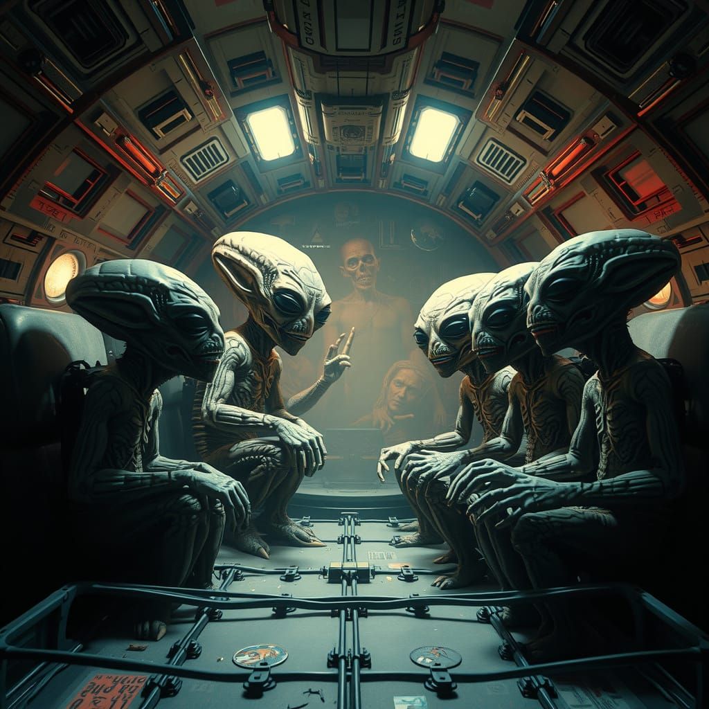 Whimsical Alien Encounter in a Surrealist Space Odyssey