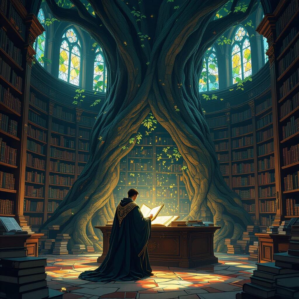 Ancient Tree Library with Scholar in Expressionist Style