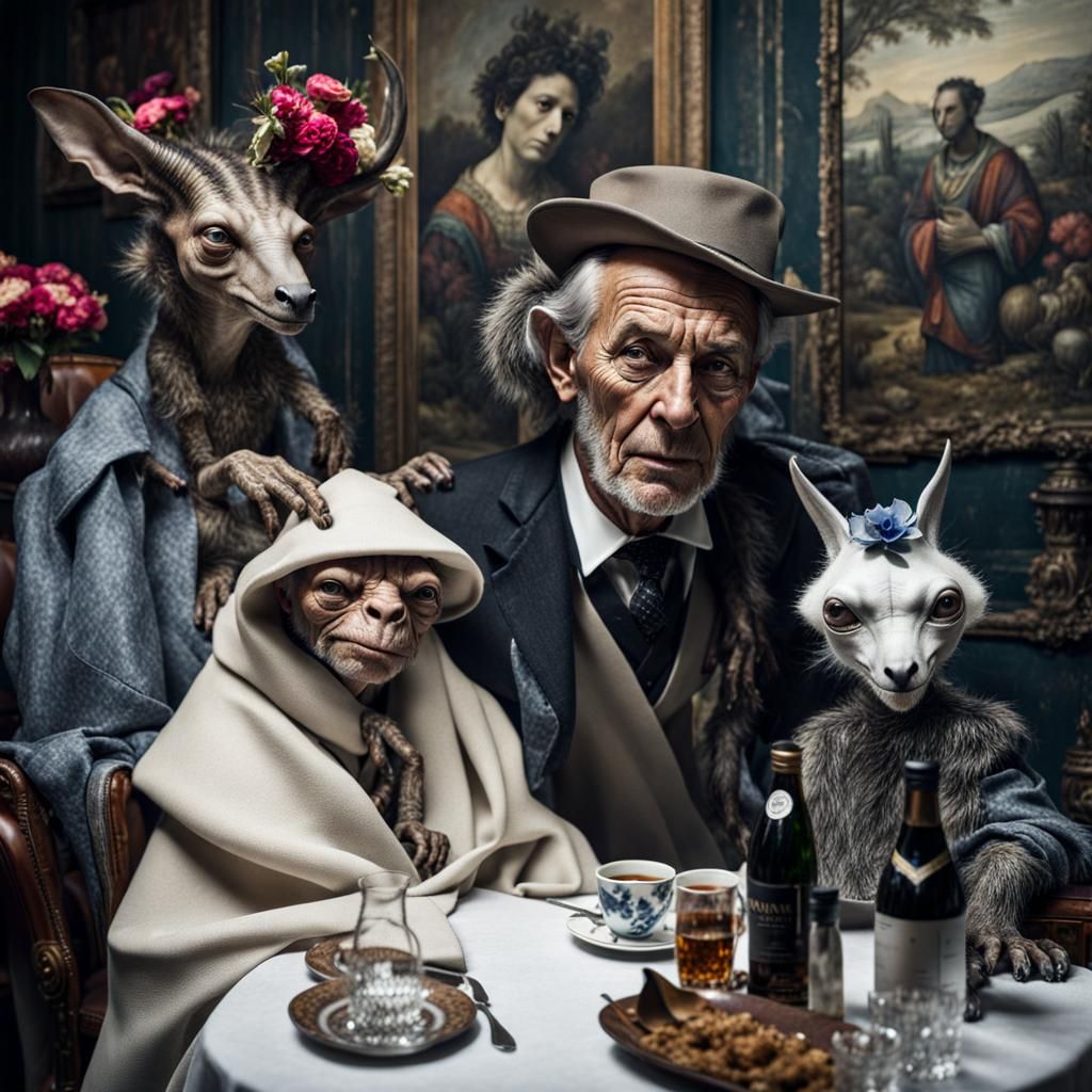 Surreal Restaurant Scene with Exotic Aliens