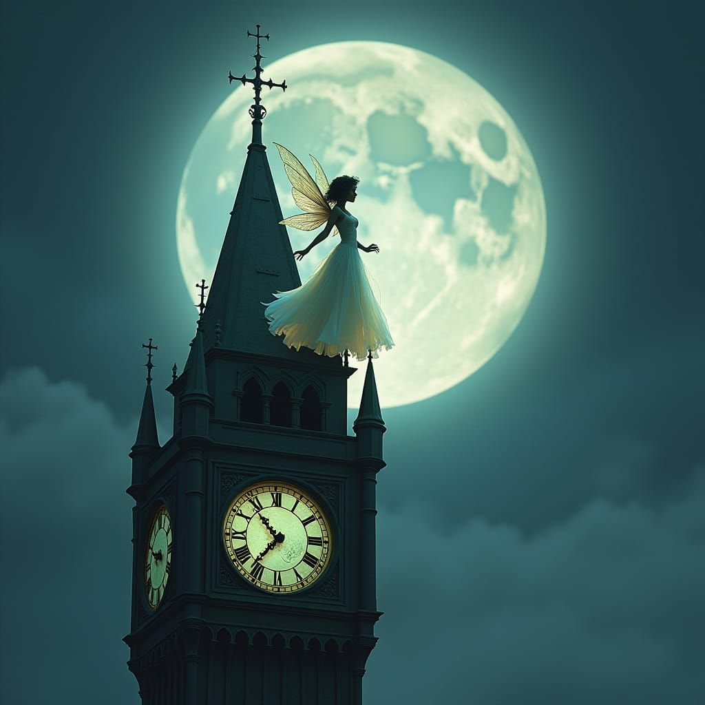 Enchanted Fairy on Tower Under Full Moon