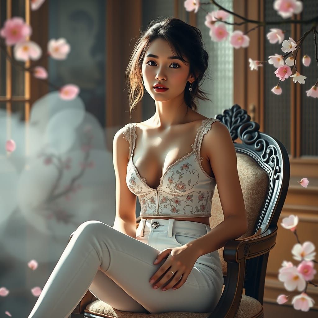 Hyperrealistic Woman in Embroidered Top and White Jeans