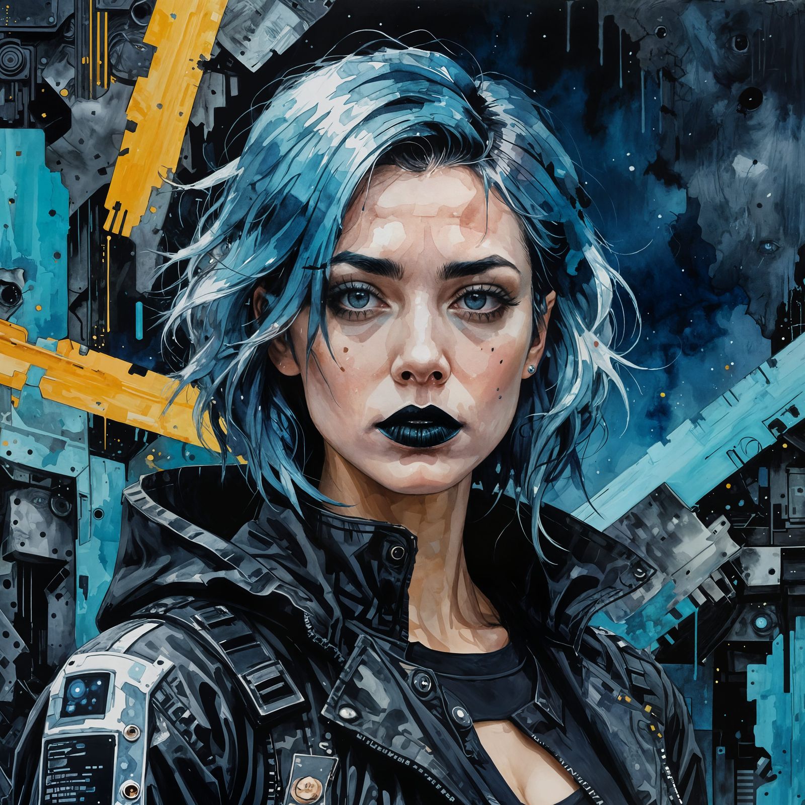 Woman with Blue Hair in Gouache Style