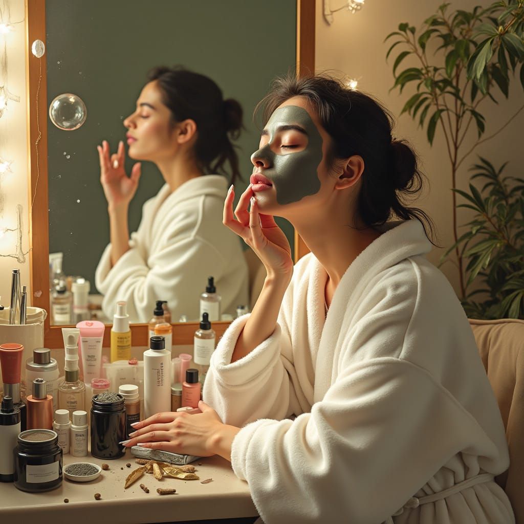 Soothing Skin Care Ritual in Luxurious Bathrobe