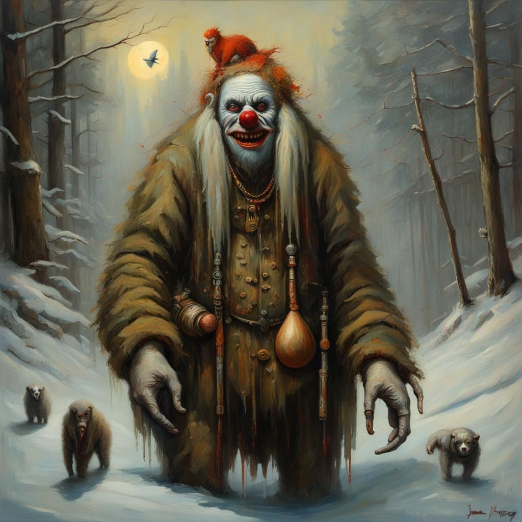 Baba Yaga Yeti Clown Hybrid, Oil Painting