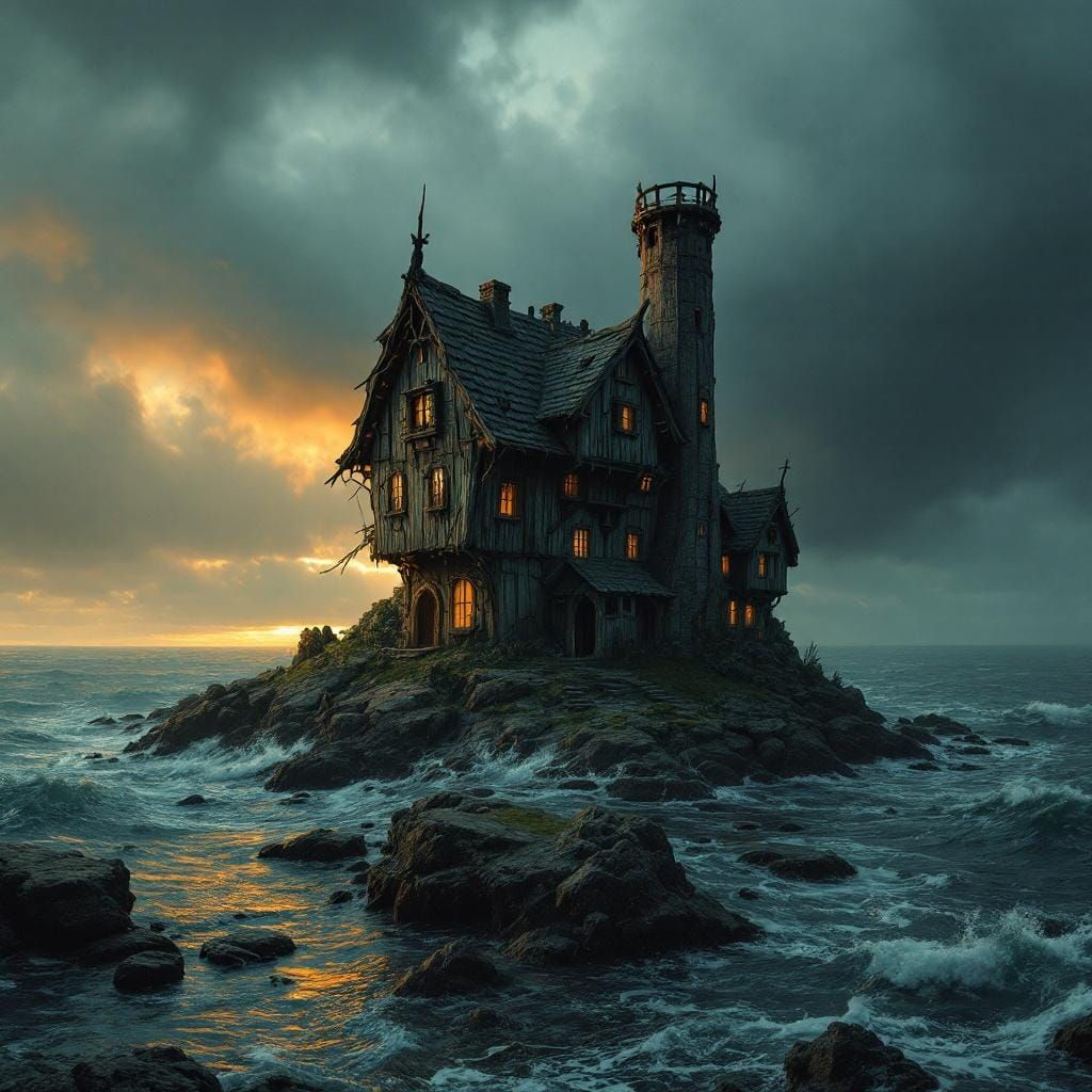 Viking House on Rocky Island in Cinematic Style