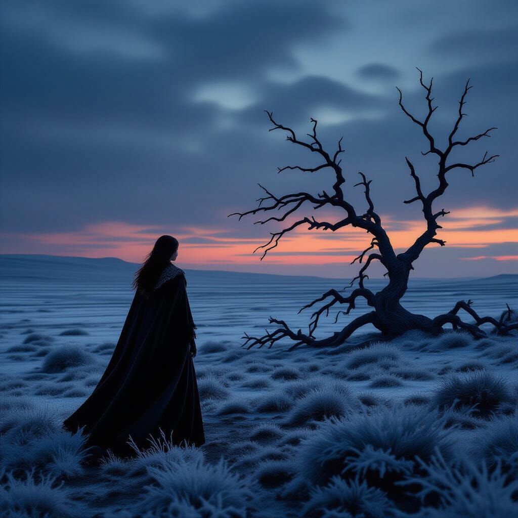 Solitary Figure on Frosty Plain Under Twilight Sky