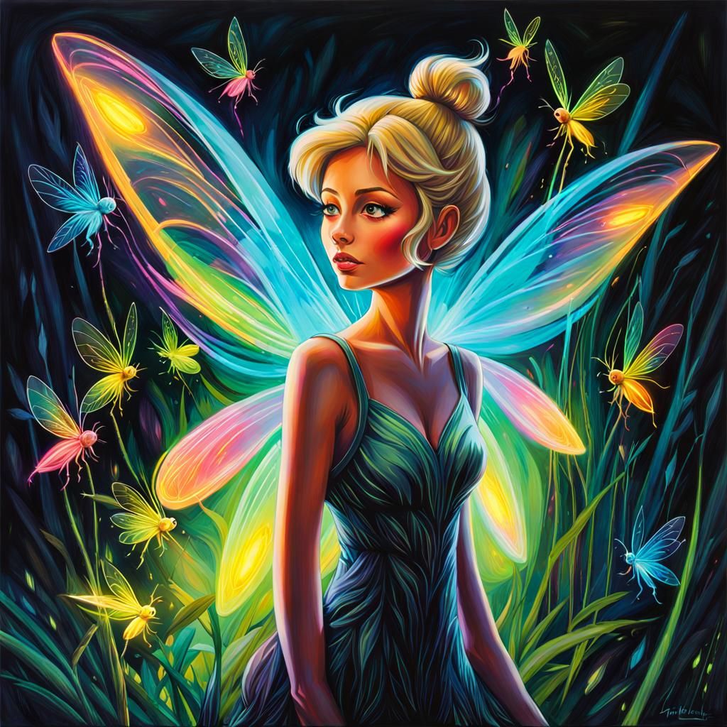 Bioluminescent Tinkerbell with Glowing Fireflies, Fantasy Ar...
