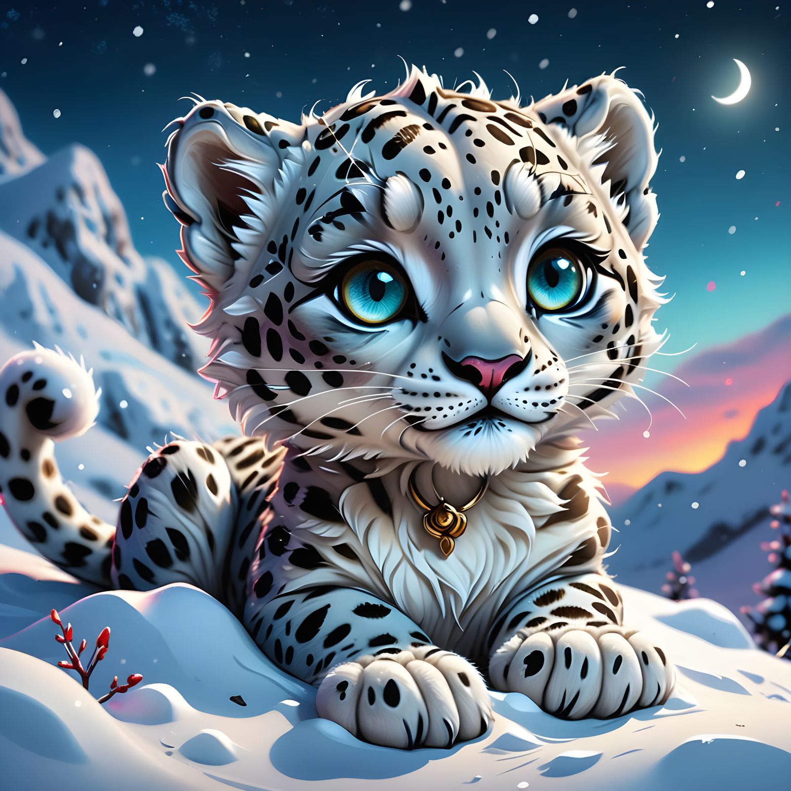 Whimsical Chibi Snow Leopard in Dreamscape